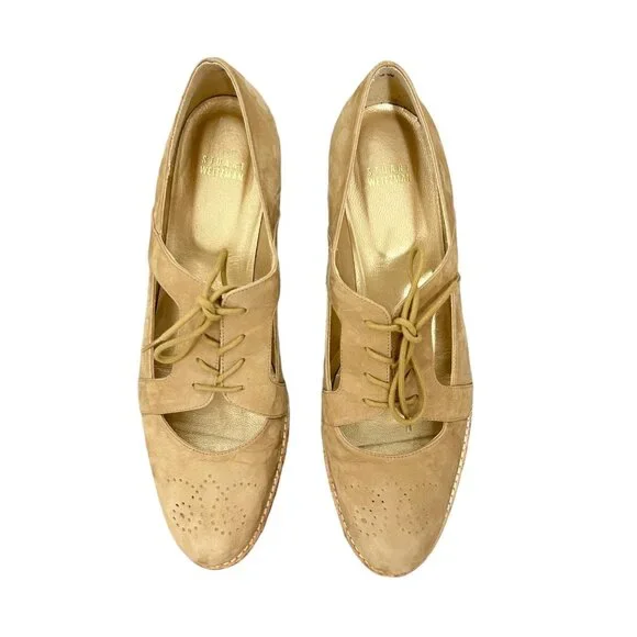 Stuart Weitzman Tan Suede Cutout Lace Up Oxfords Wingtips Size 11 Classic Preppy - Picture 2 of 7